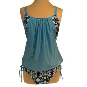 Blue Turquoise print two piece tankini bikini style swimsuit size medium